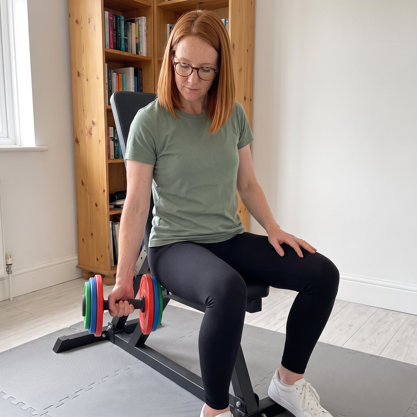 A woman in a sage green t-shirt sitting on the end of a bench in a spare room, one arm hanging straight down holding a short dumbbell handle loaded with small red, blue and green plates