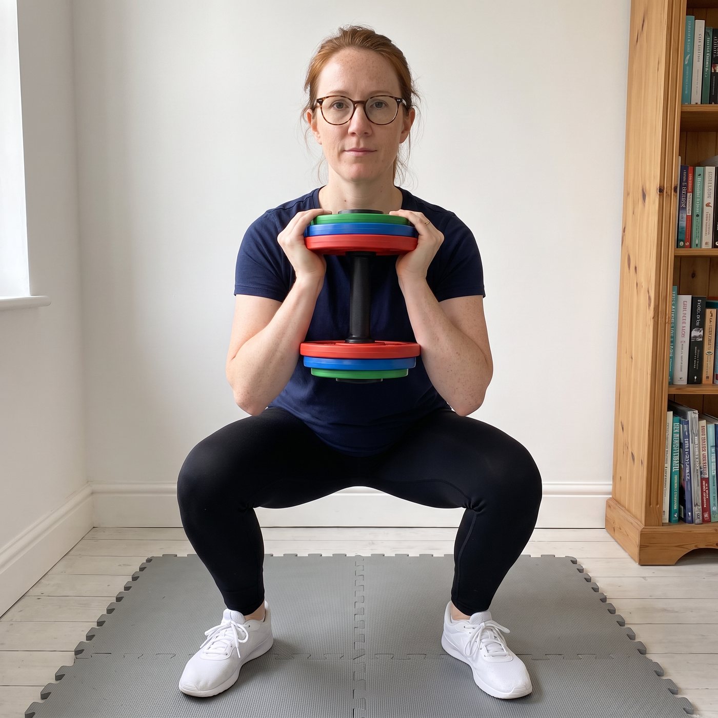 A woman in a navy t-shirt and glasses in a deep goblet squat in a spare room, holding one short black dumbbell handle loaded with red, blue and green plates against her chest
