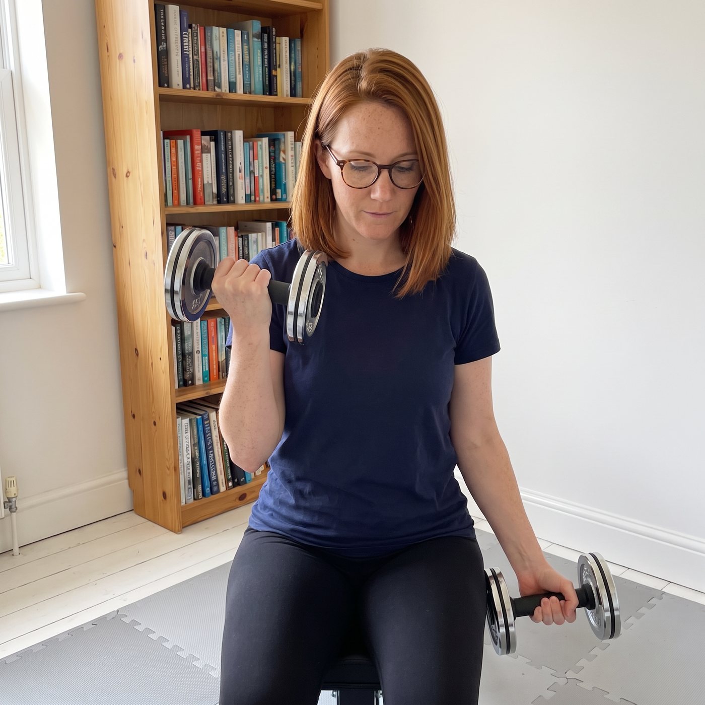 A woman in glasses sitting on a bench in a spare room doing hammer curls with two short black dumbbell handles loaded with thin chrome plates