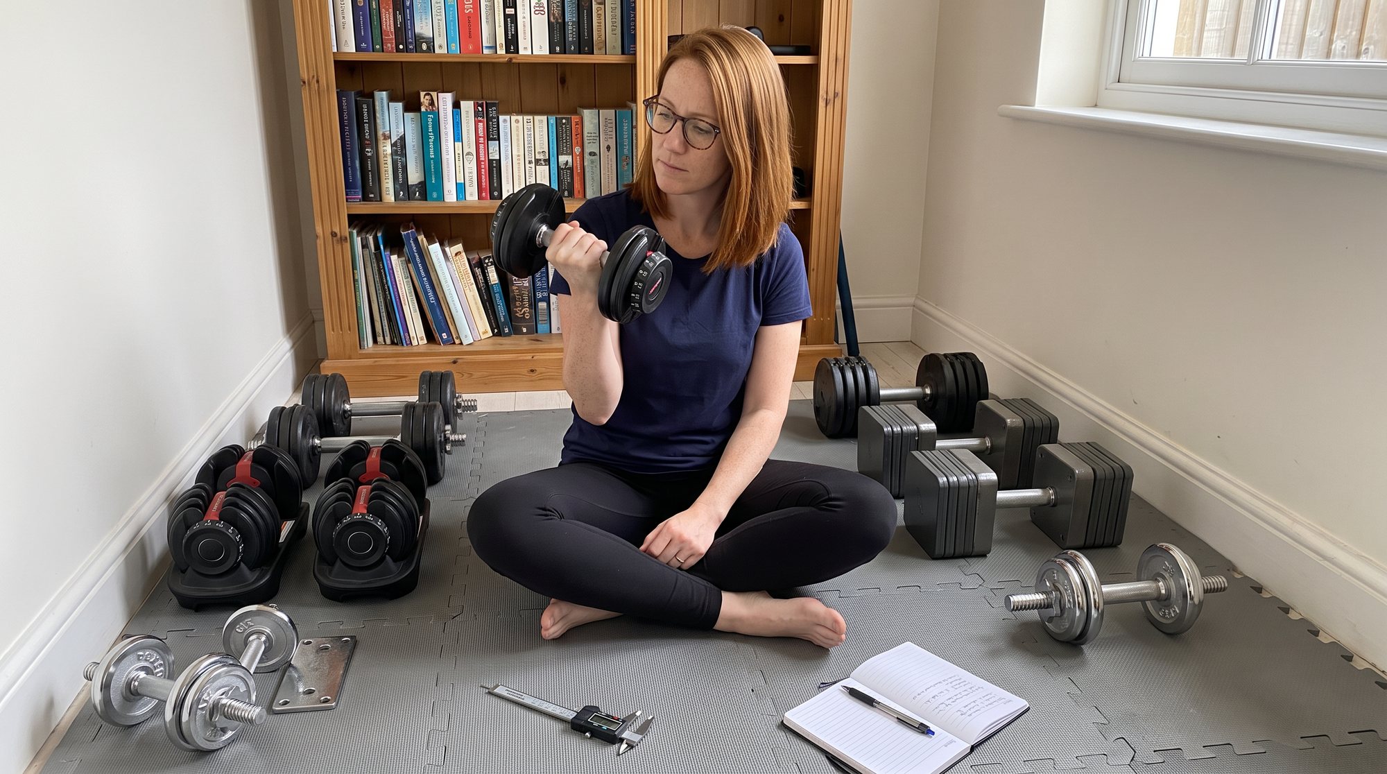 A woman with auburn hair and glasses sits cross-legged on a grey foam mat in a spare room, holding a black dial dumbbell up to look at her grip, with a dozen other adjustable dumbbells, a digital caliper and a notebook around her