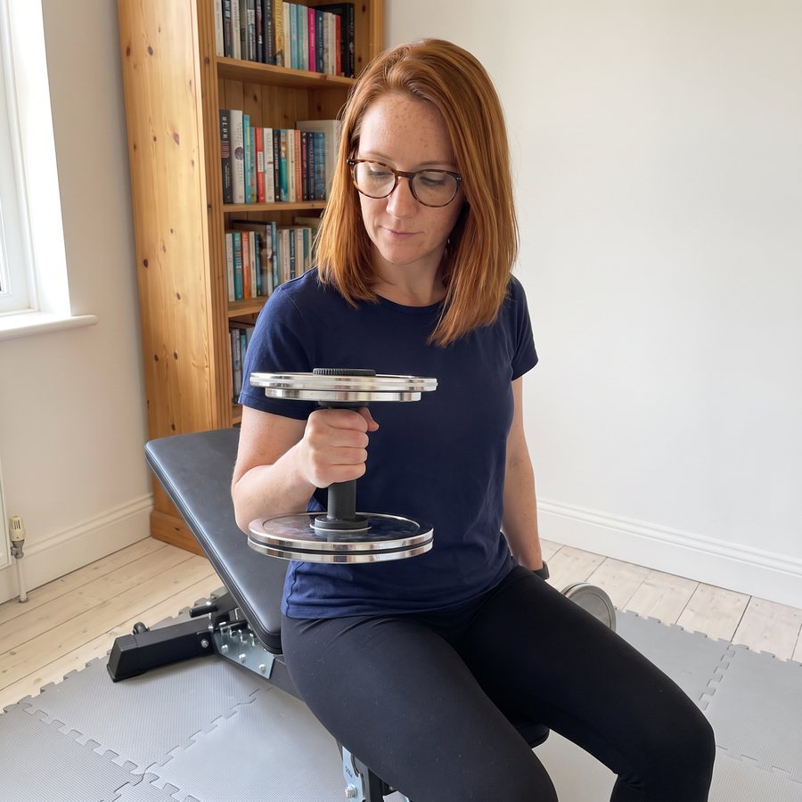 A woman in glasses sitting on a bench holding a short black dumbbell handle with thin chrome plates upright at her shoulder