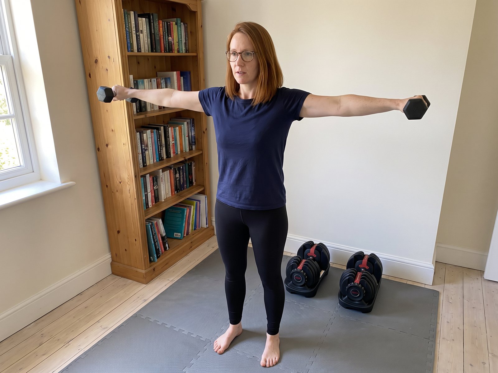A woman in a navy t-shirt doing a lateral raise with two small black hex dumbbells in a spare room, two bulky dial dumbbells in their cradles on the mat behind her