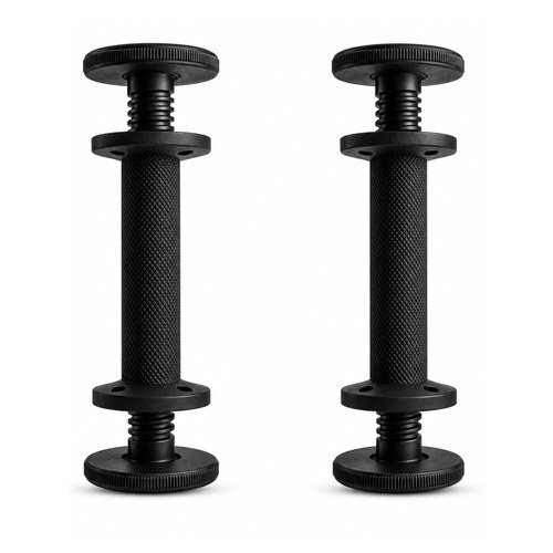 A pair of black AdaptaBELL PRO plate-loaded dumbbell handles standing upright