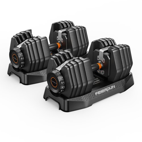 A pair of black Feierdun dial adjustable dumbbells in their trays