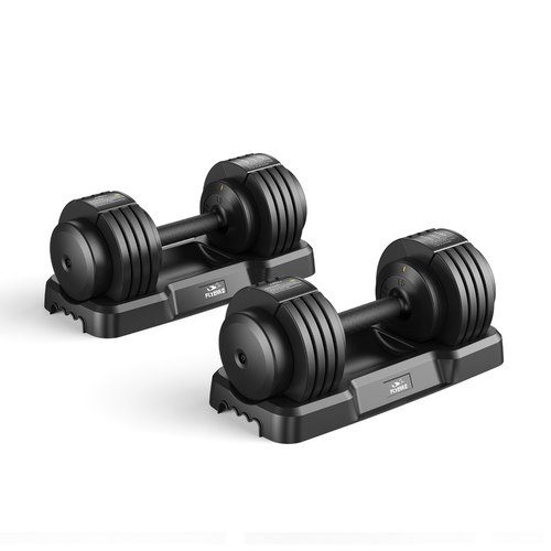A pair of black Flybird dial adjustable dumbbells in their trays