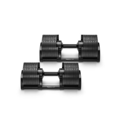 A pair of black NUOBELL 580 adjustable dumbbells