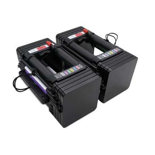 A pair of black PowerBlock Elite USA block dumbbells