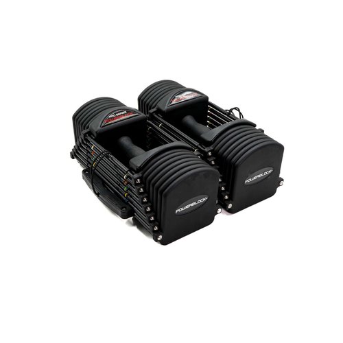 A pair of black PowerBlock Pro 32 block dumbbells