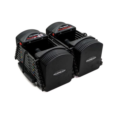A pair of black PowerBlock Pro 50 block dumbbells