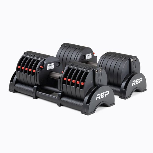 A pair of black REP QuickDraw adjustable dumbbells on their stands