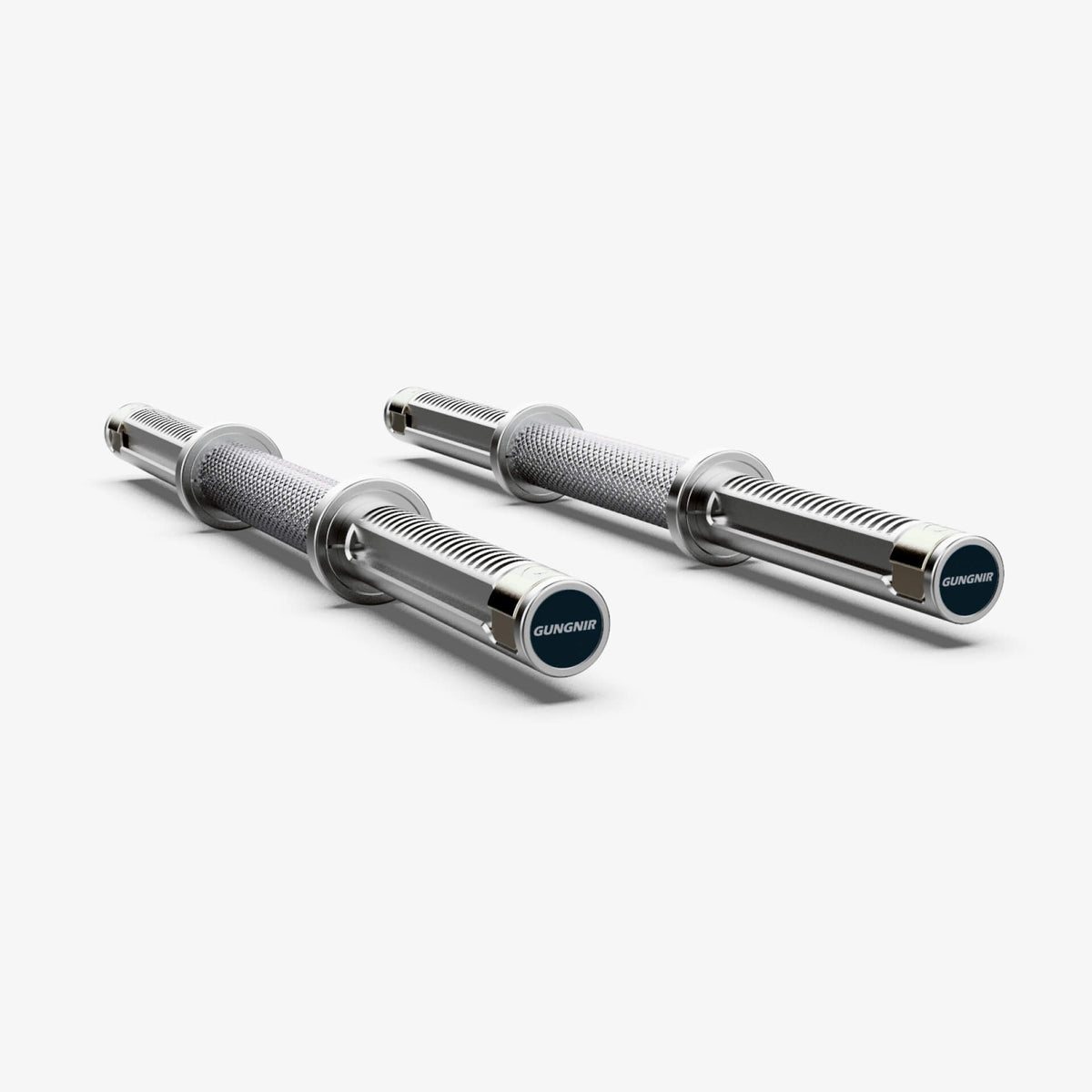 A pair of chrome Gungnir Dumbler loadable dumbbell handles on a white background