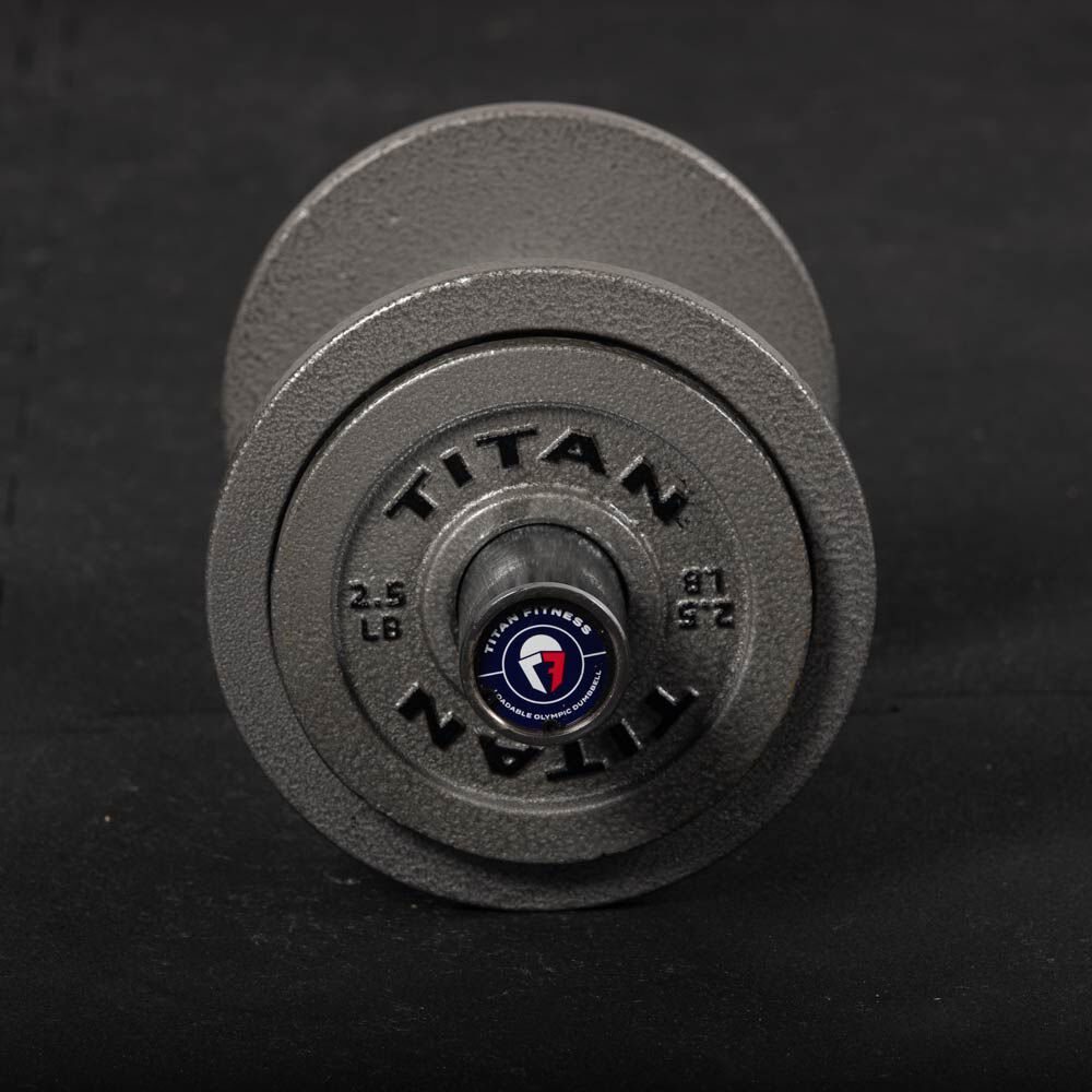 The end of a chrome loadable dumbbell handle loaded with a grey 2.5 lb iron plate