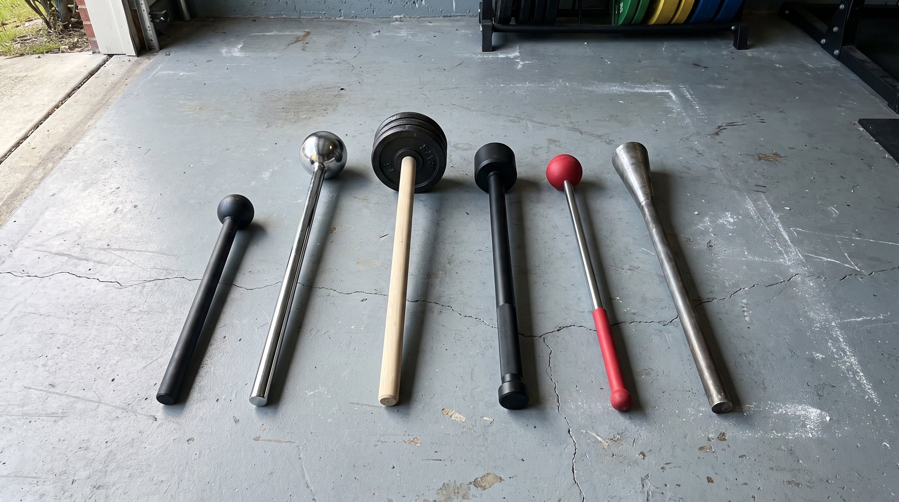 Six different training maces laid out in a row on a concrete garage floor, varying in length, head shape and finish, one of them loaded with cast-iron plates