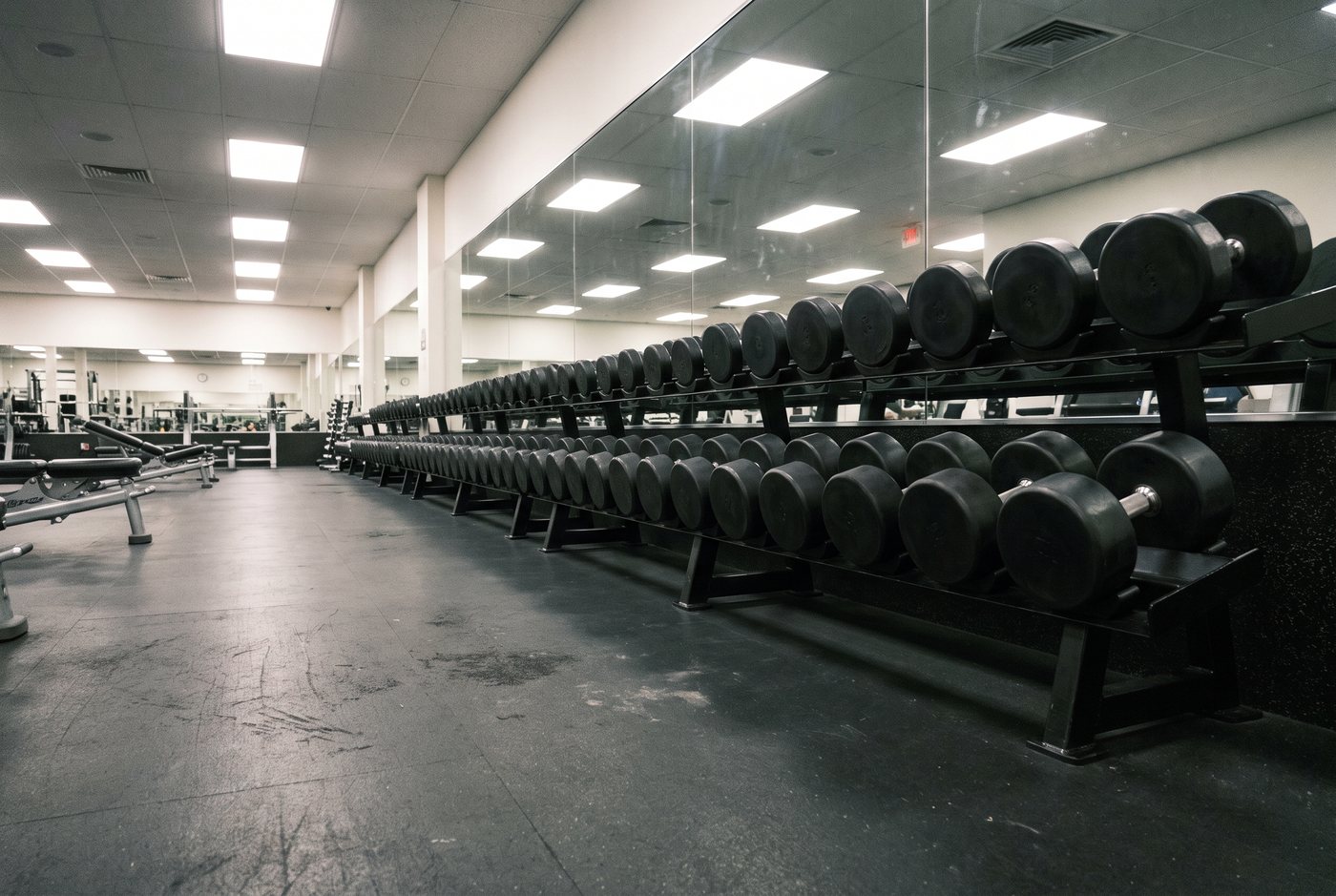 A long two-tier rack of round black urethane dumbbells along the mirror wall of a commercial gym, the heaviest pairs in front