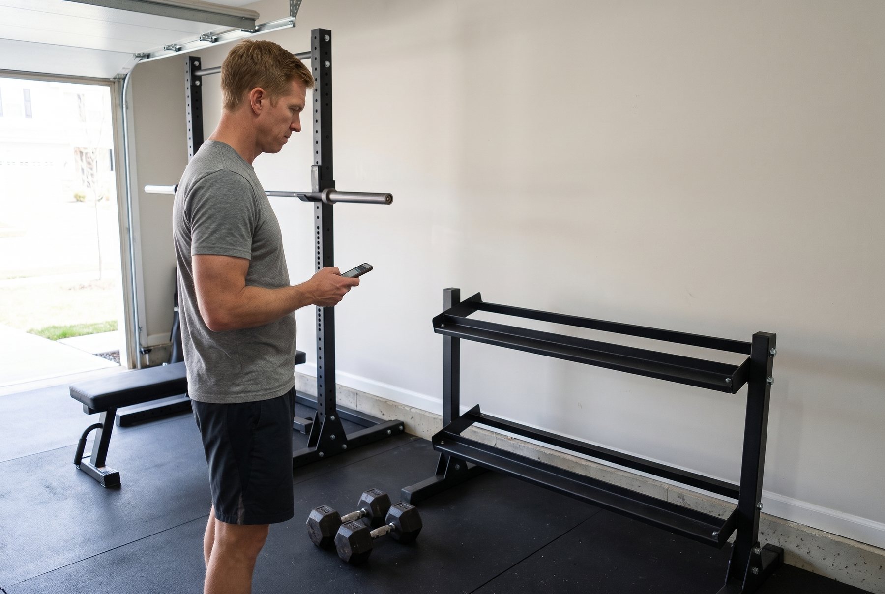 A man in a grey t-shirt stands in his garage gym looking at his phone beside an empty two-tier dumbbell rack, with one old pair of rubber hex dumbbells on the floor