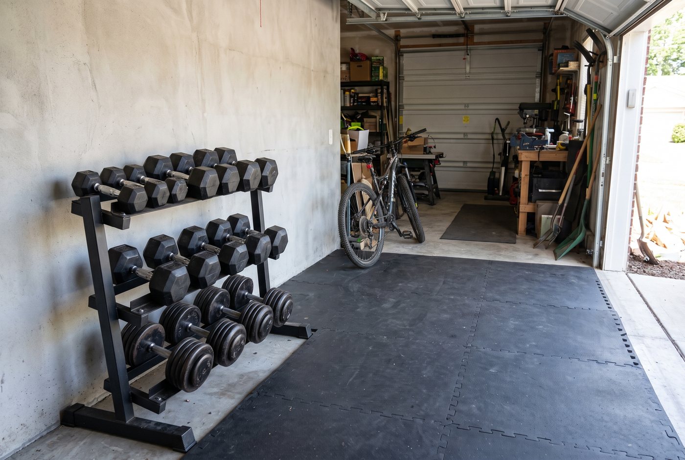 A three-tier black dumbbell rack loaded with rubber hex and round dumbbells against the side wall of a two-car garage