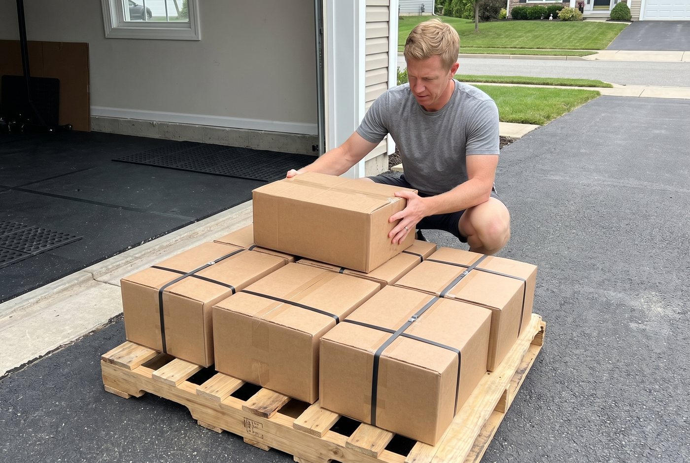 A man crouches at the end of his driveway beside a wooden pallet of heavy strapped cardboard boxes, lifting one to test the weight