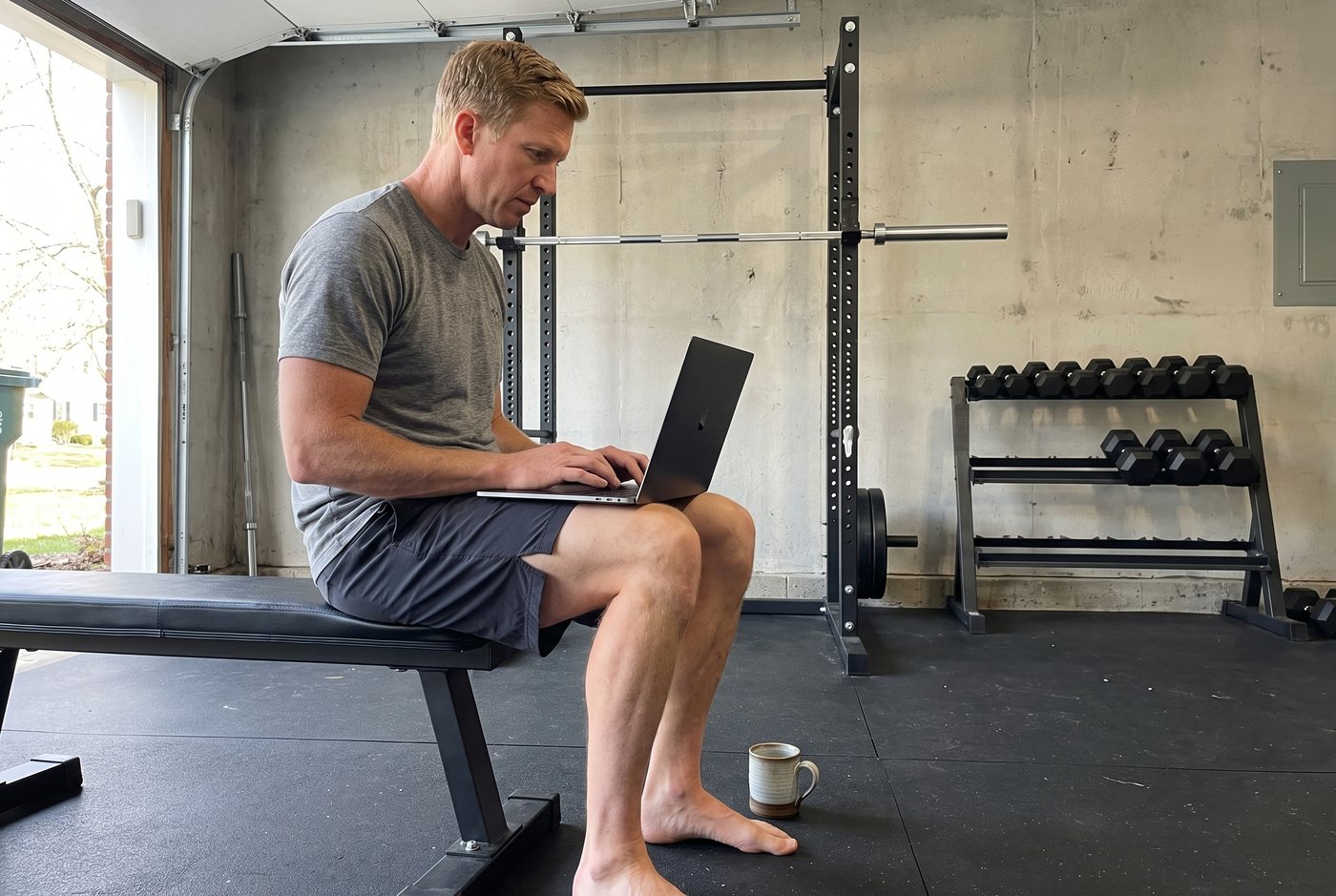 A man sits on a weight bench in his garage gym with a laptop on his knees, comparing prices, a small rack of hex dumbbells against the wall behind him