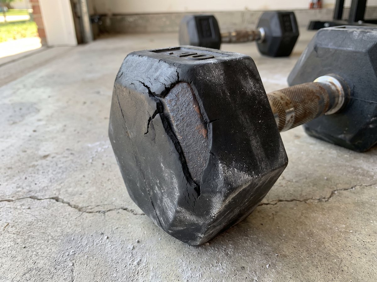 Close-up of an old black rubber hex dumbbell on a concrete garage floor with the rubber coating cracked and peeling away from the grey iron underneath