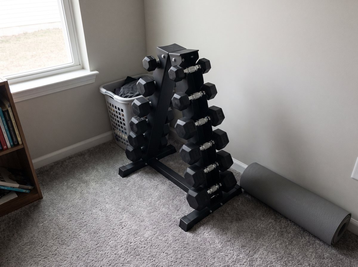 Five pairs of small black rubber hex dumbbells on an A-frame stand in the corner of a carpeted spare bedroom, beside a rolled yoga mat