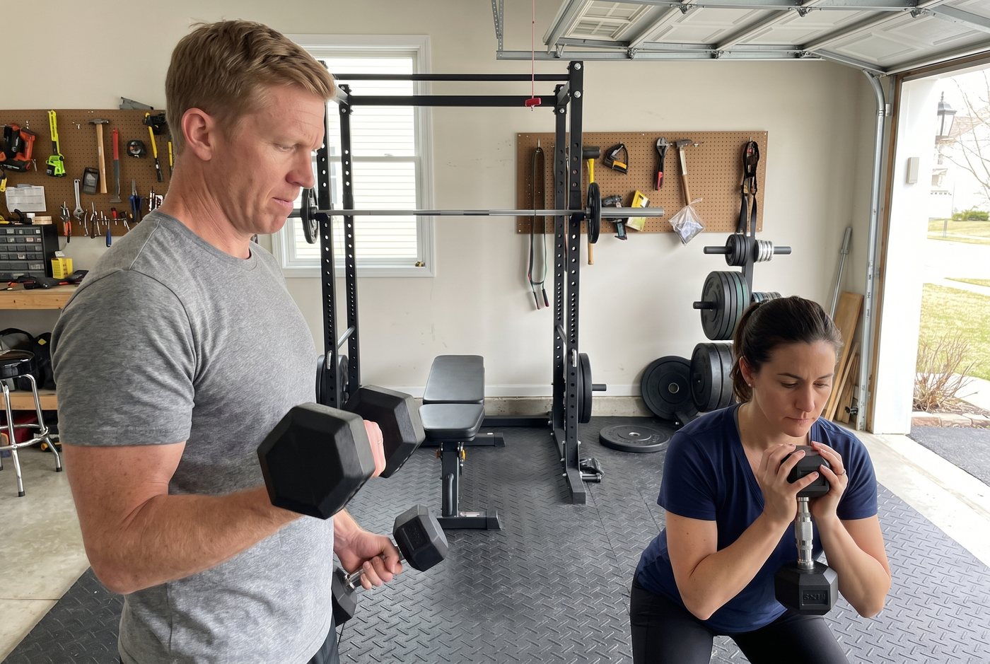 Two people training at once in a garage gym, a man curling a pair of black hex dumbbells and a woman doing a goblet squat with one