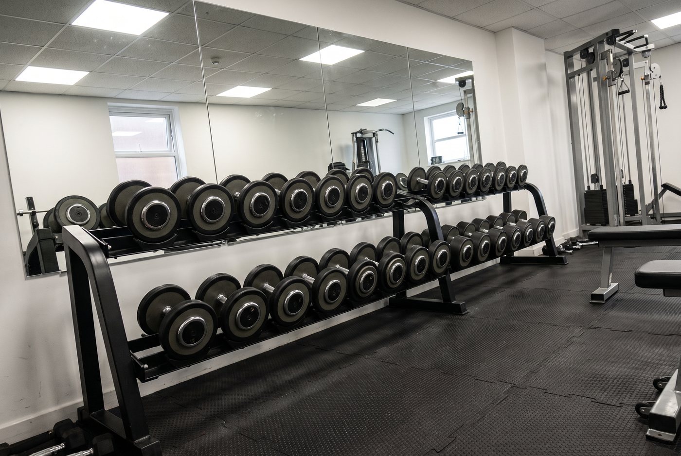 A long two-tier rack of round charcoal urethane dumbbells along the mirror wall of a small private training studio