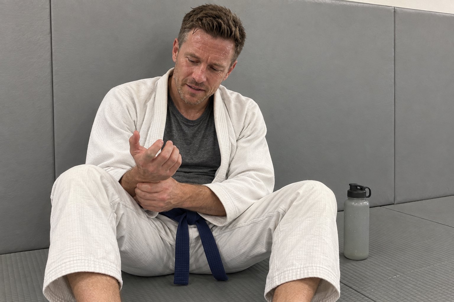 A man sitting against the padded wall after jiu-jitsu class, gi jacket open, holding his forearm and looking at a hand he cannot close