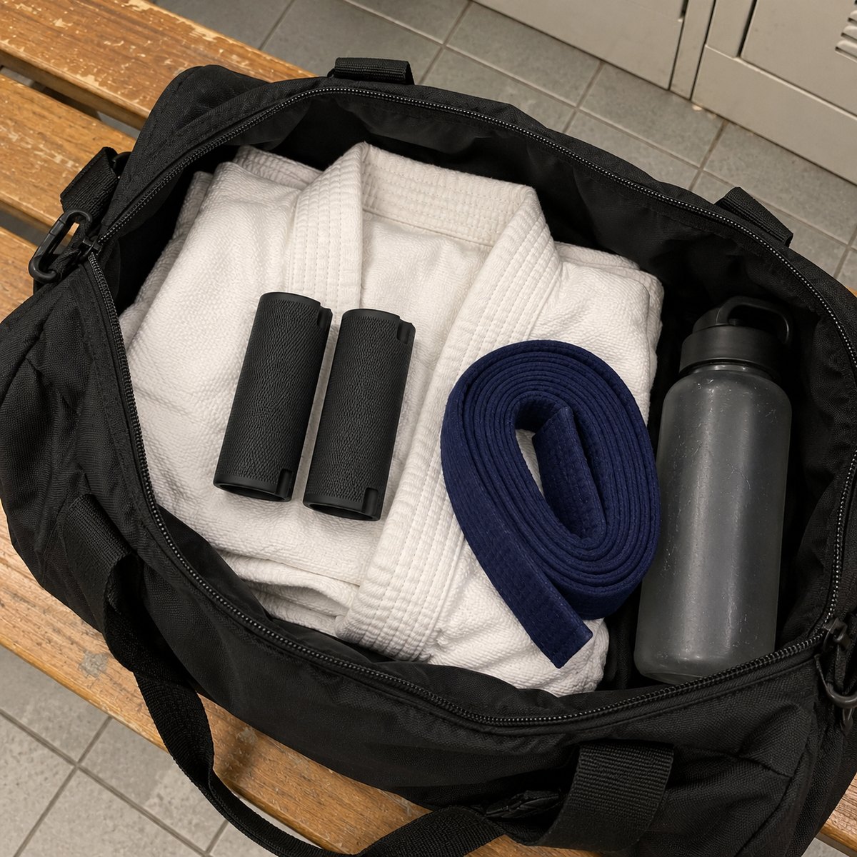 An open black gym bag holding a folded white gi, a rolled blue belt and a pair of black thick grips