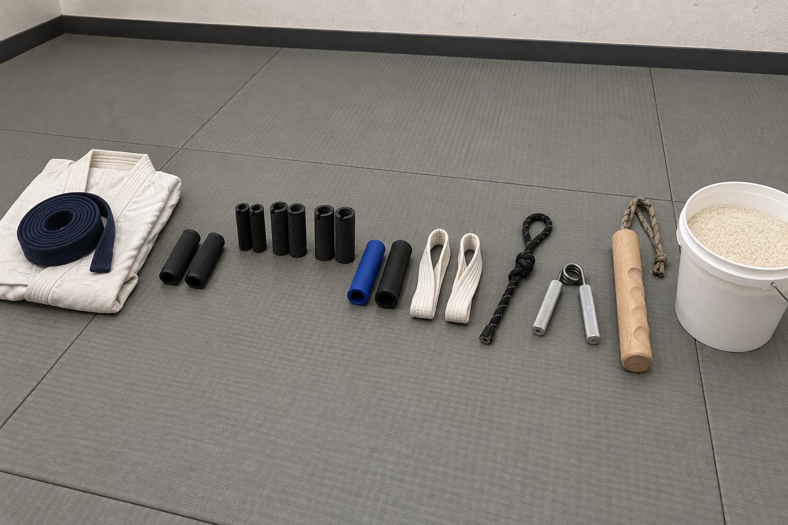 Nine grip training tools laid out in a row on grey jiu-jitsu mats: an old gi and belt, thick grips in several sizes, gi-fabric handles, a short rope, a hand gripper, a wooden hangboard and a bucket of rice