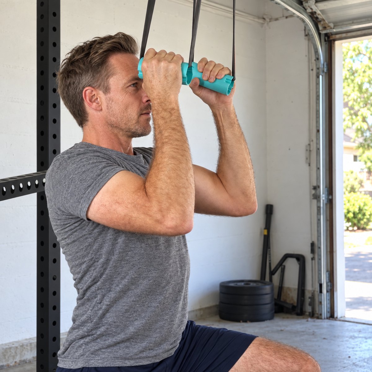 A man half kneeling in a garage pulling down on a teal thick grip threaded on black resistance bands
