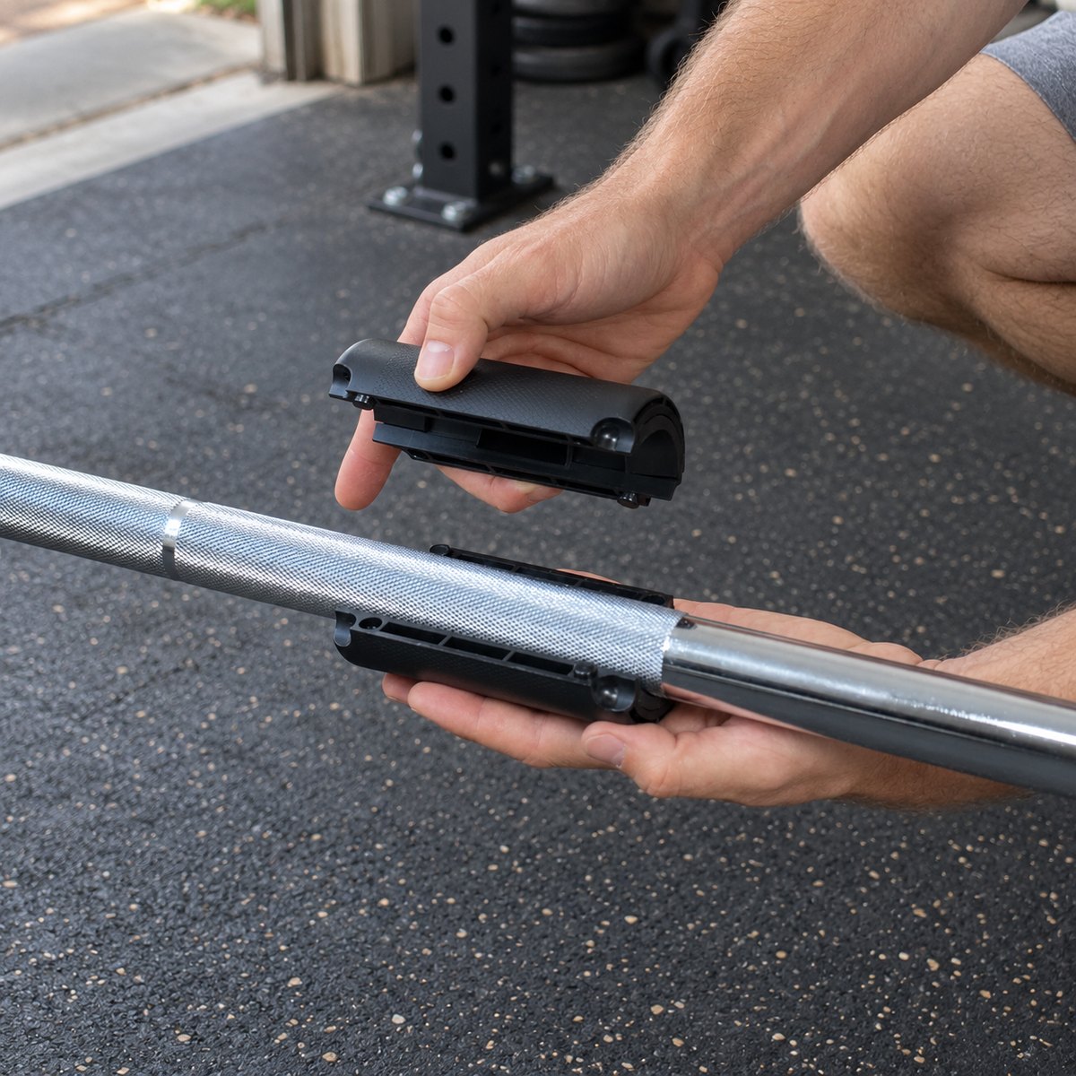 Two hands pressing the two halves of a black thick grip together around a barbell on a garage floor