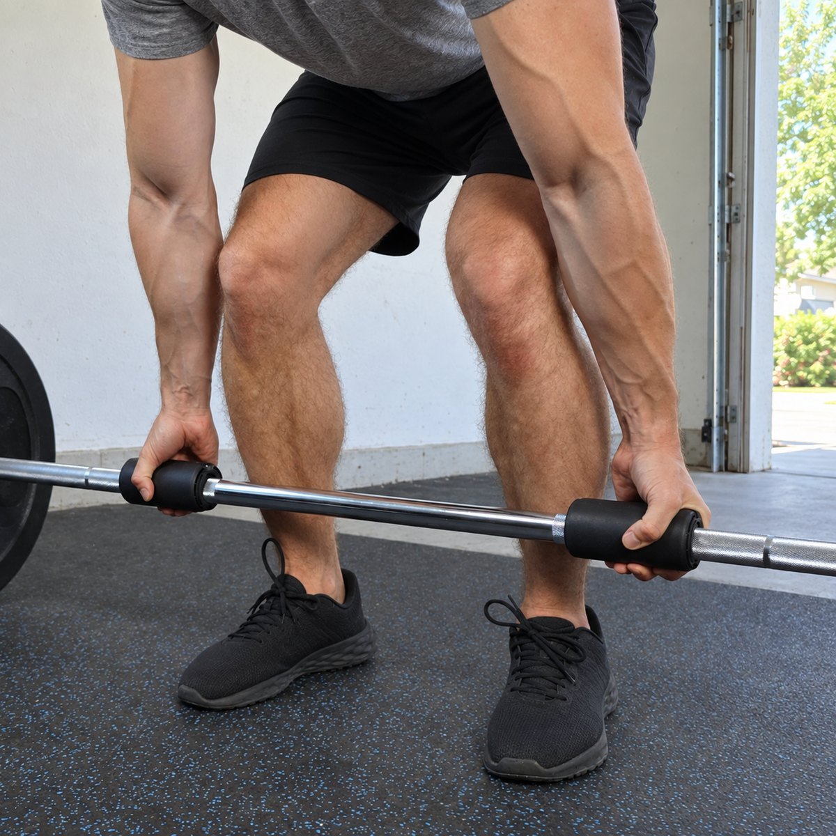 A man in a garage setting up a deadlift, both hands wrapped around black thick grips clipped onto the barbell