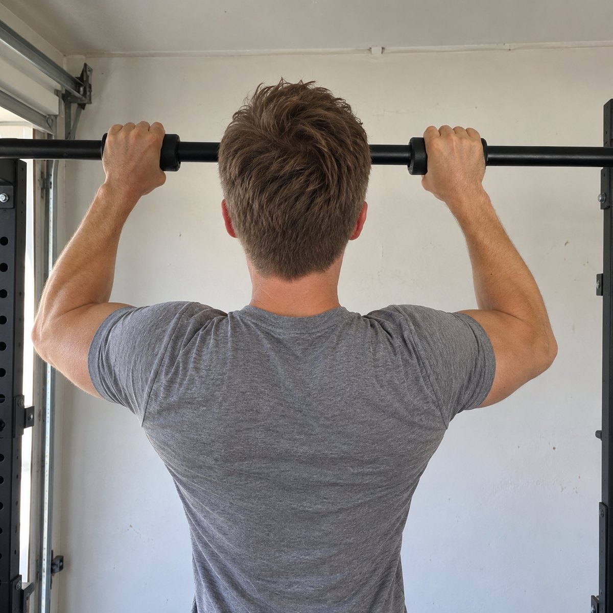 A man seen from behind doing a pull-up in a garage gym, both fists on black thick grips clipped to the bar