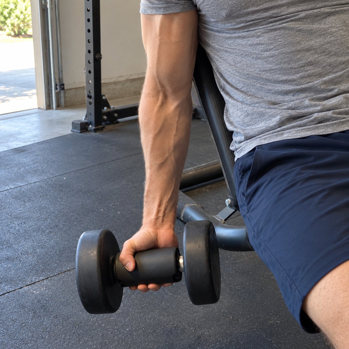 A one-arm dumbbell row in a garage gym, the hand wrapped around a black thick grip clipped onto the dumbbell handle