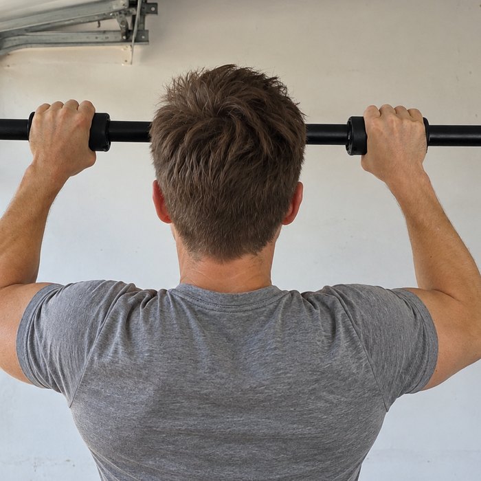 A man seen from behind mid pull-up, both fists on black thick grips clipped to the bar