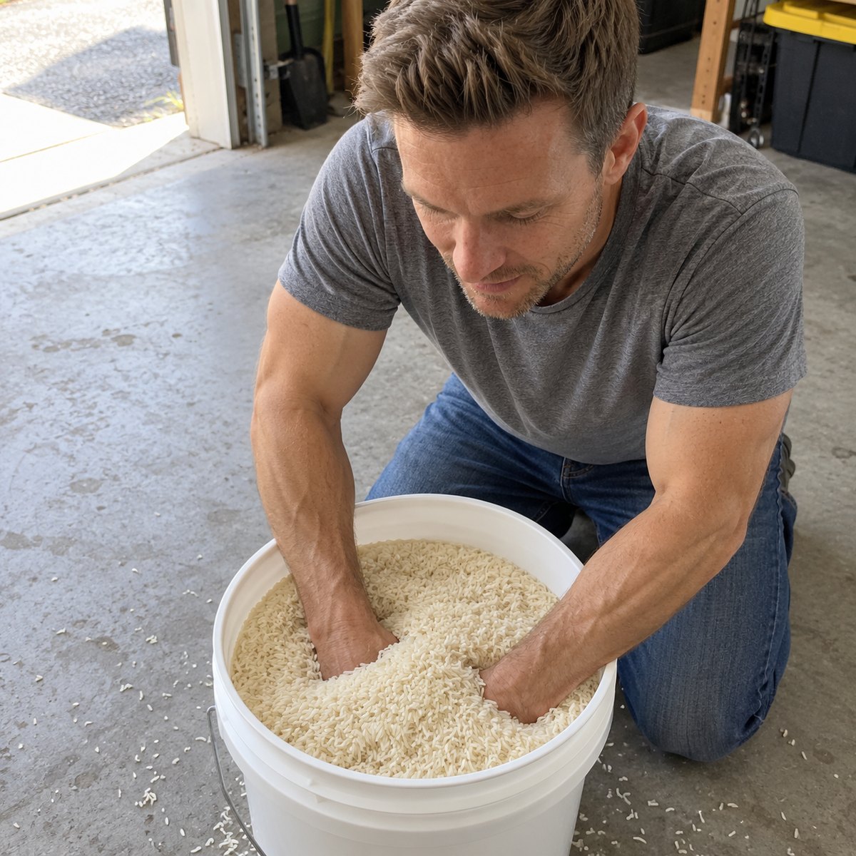 A man kneeling on a garage floor with both hands buried past the wrists in a bucket of dry rice