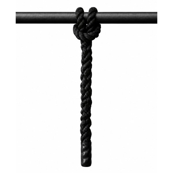 A short black braided climbing rope looped over a pull-up bar