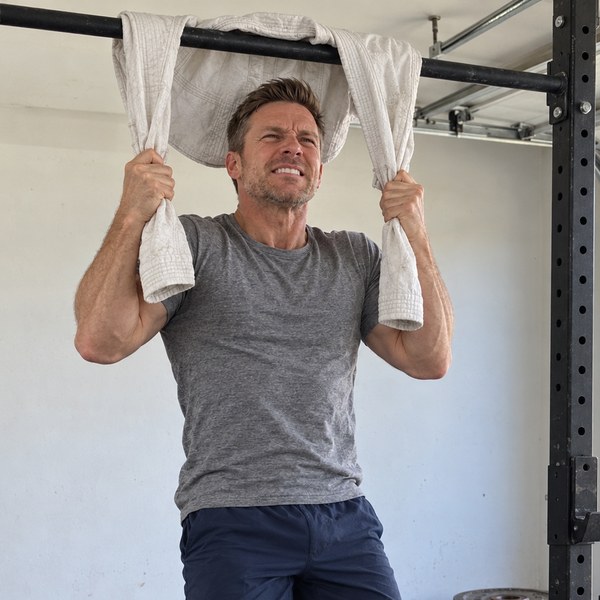 A man doing a pull-up while gripping an old gi draped over the bar