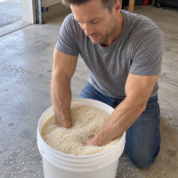 A man with both hands buried in a bucket of dry rice