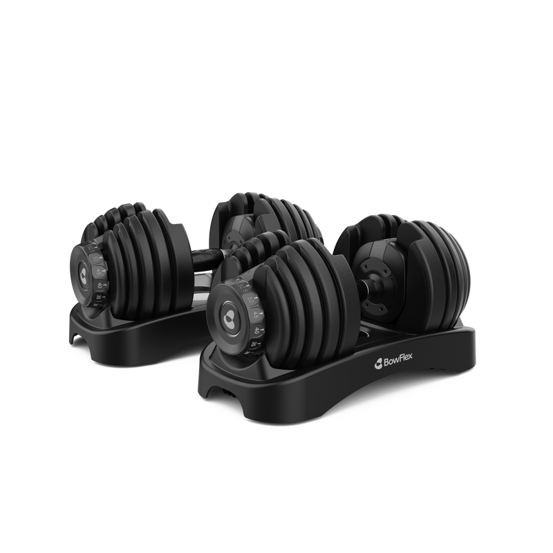 Pair of Bowflex SelectTech 552 adjustable dumbbells on their storage trays