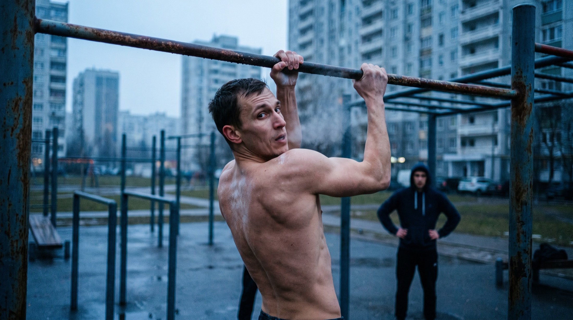 A shirtless man at the top of a pull-up on a bare steel bar at an outdoor street-workout park on a cold, wet morning, with another man waiting his turn behind him.