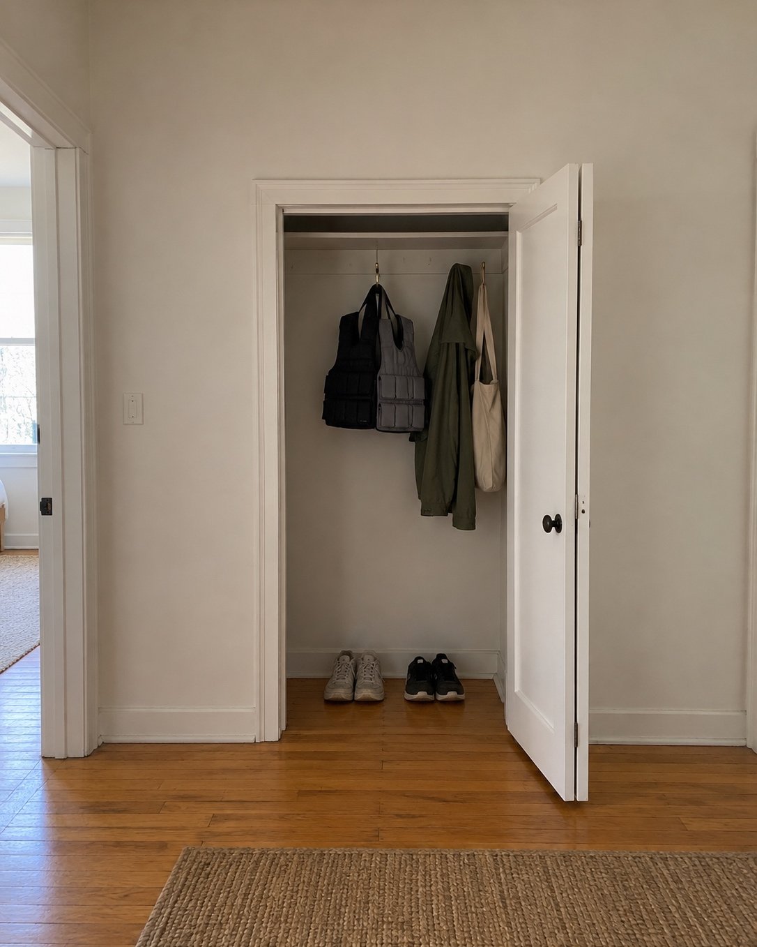 Two slim weighted vests, one black and one grey, hanging on a hook inside a hallway closet next to a rain jacket and a tote bag