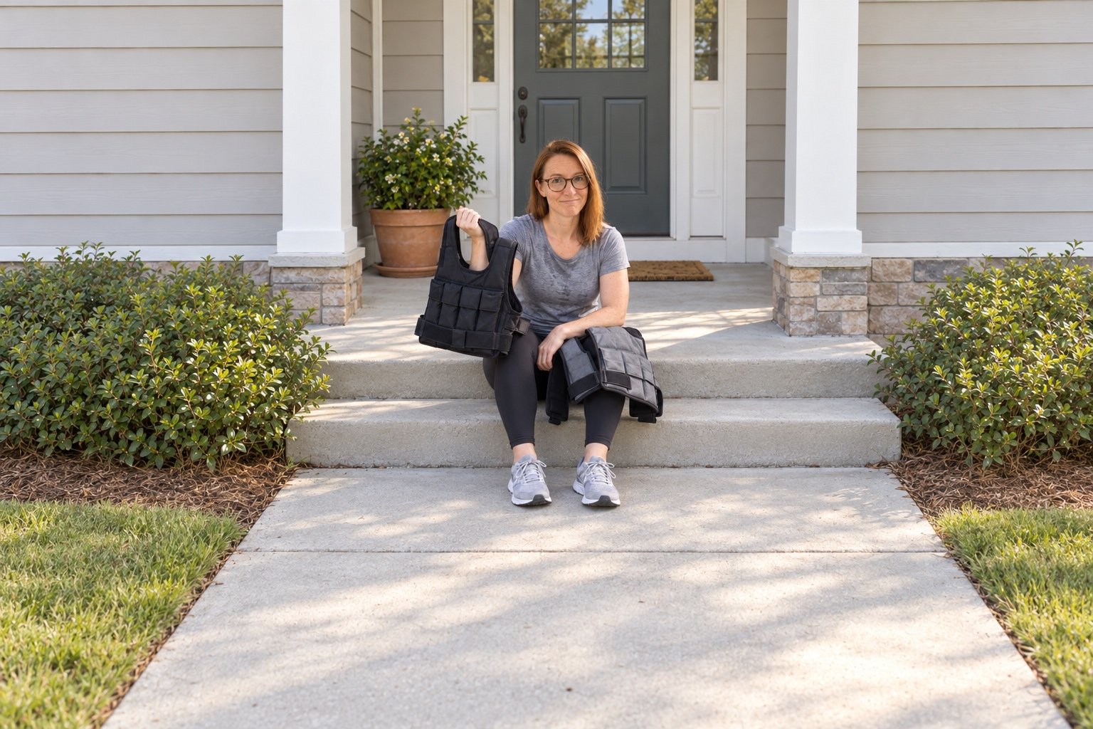 A woman sitting on her front steps after a morning walk with two slim weighted vests across her knees, holding one up by the strap