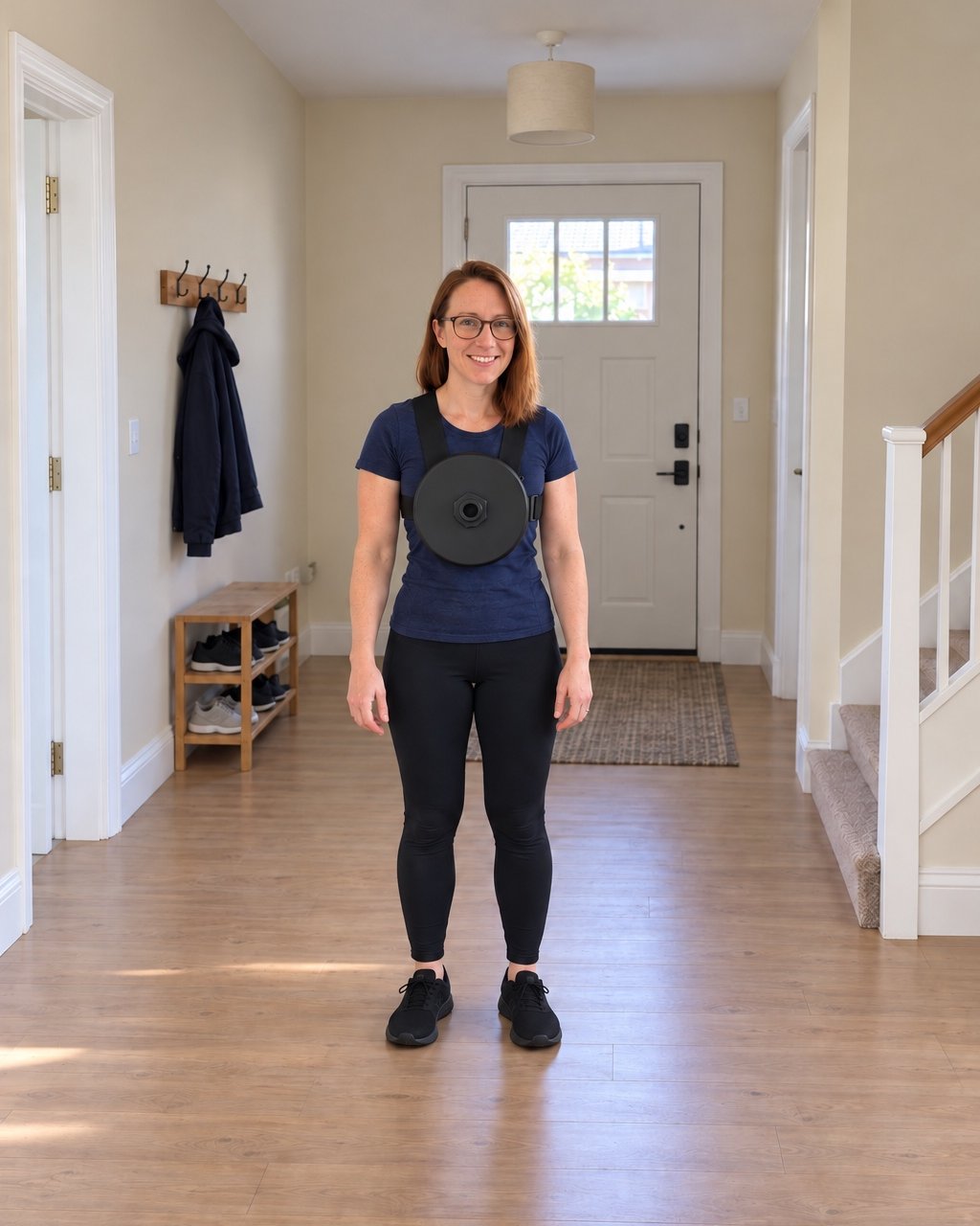 A woman in a navy t-shirt standing in her hallway wearing a strap weight vest with one black plate on the chest