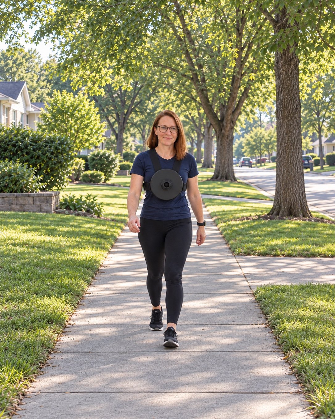 A woman walking toward the camera on a tree-lined sidewalk in early morning light wearing a strap weight vest with a black plate on the chest