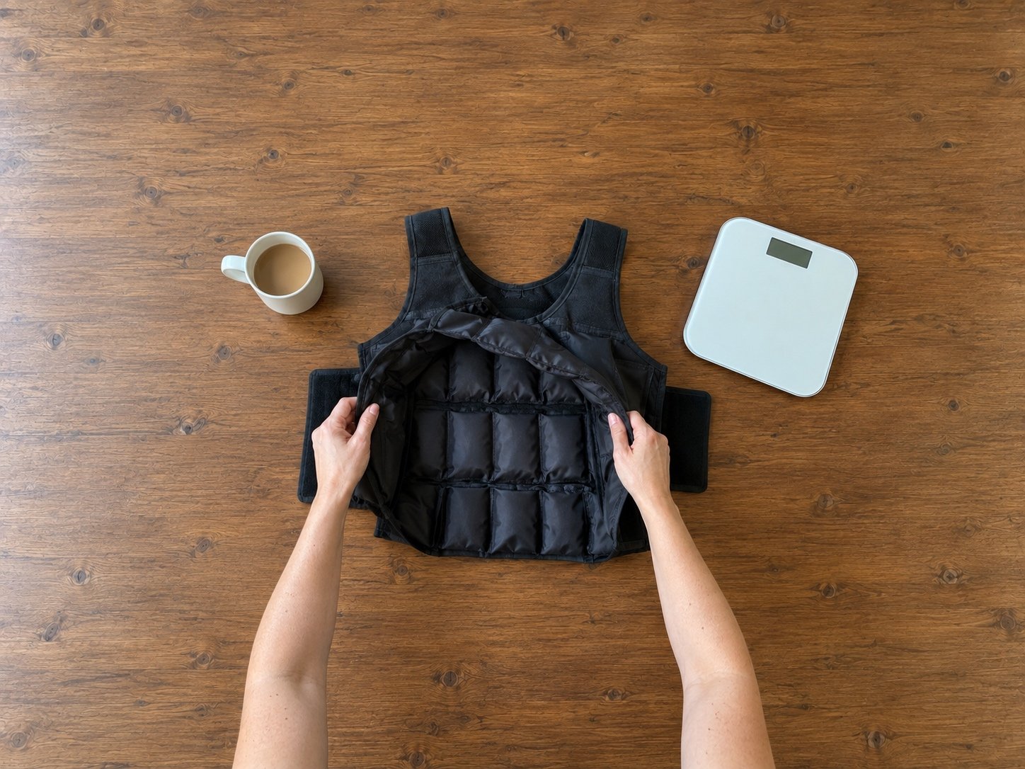 Hands opening the inside of a cheap black weighted vest to show small pockets of filler stitched shut