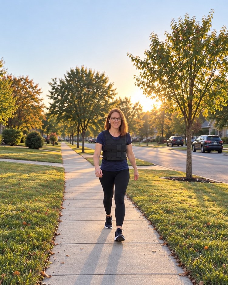 A woman walking toward the camera on a suburban sidewalk at sunrise in a slim black weighted vest