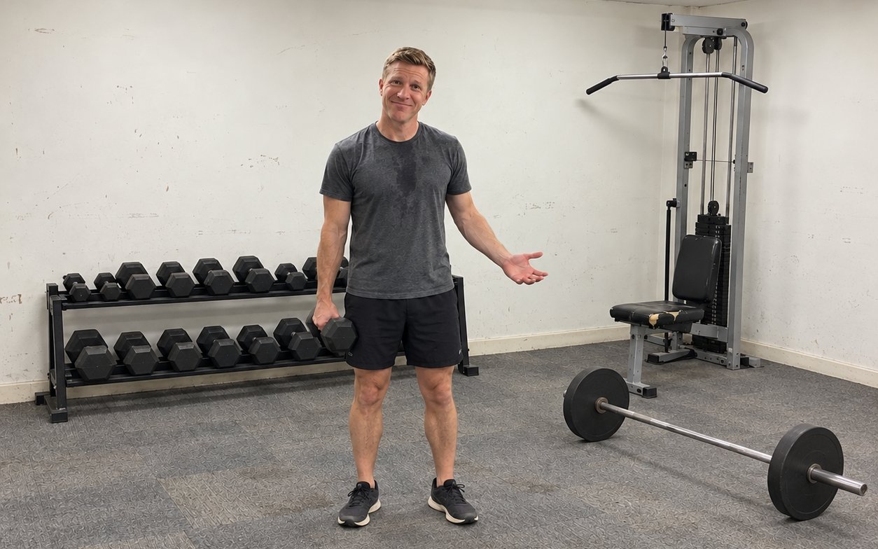 A man shrugging with one hand out in a bare basement gym that holds only a short dumbbell rack, a cable pulldown station and a barbell on the floor