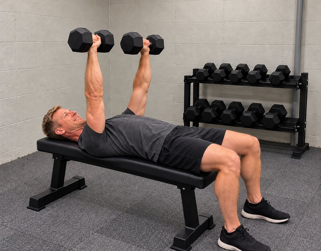 A man at the top of a dumbbell bench press on a flat bench in a plain basement, holding two black rubber hex dumbbells, a short dumbbell rack behind him