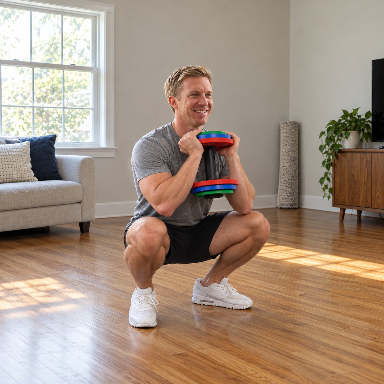 A man at the bottom of a goblet squat in a living room, holding one plate-loaded AdaptaBELL dumbbell at his chest